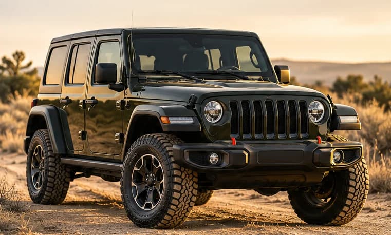 Black Jeep Wrangler on a gravel road at sunset